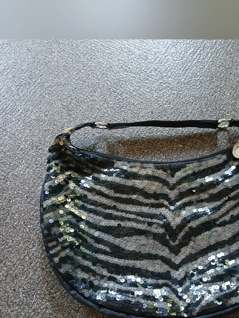 Le Sport Sac Sequin Zebra-Stripe Crescent Shoulder Bag - Black Silver